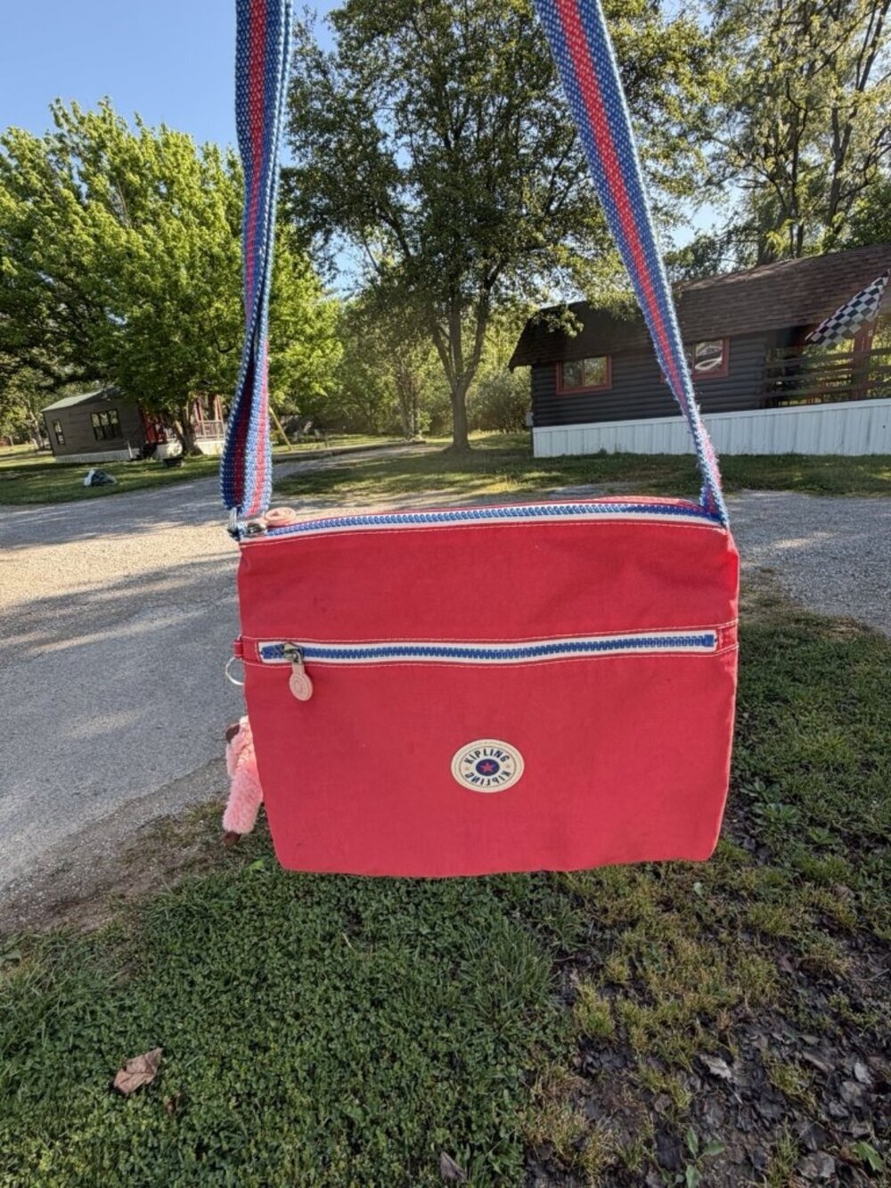 KIPLING red blue striped crossbody pink gorilla festival retro purse CUTE!!